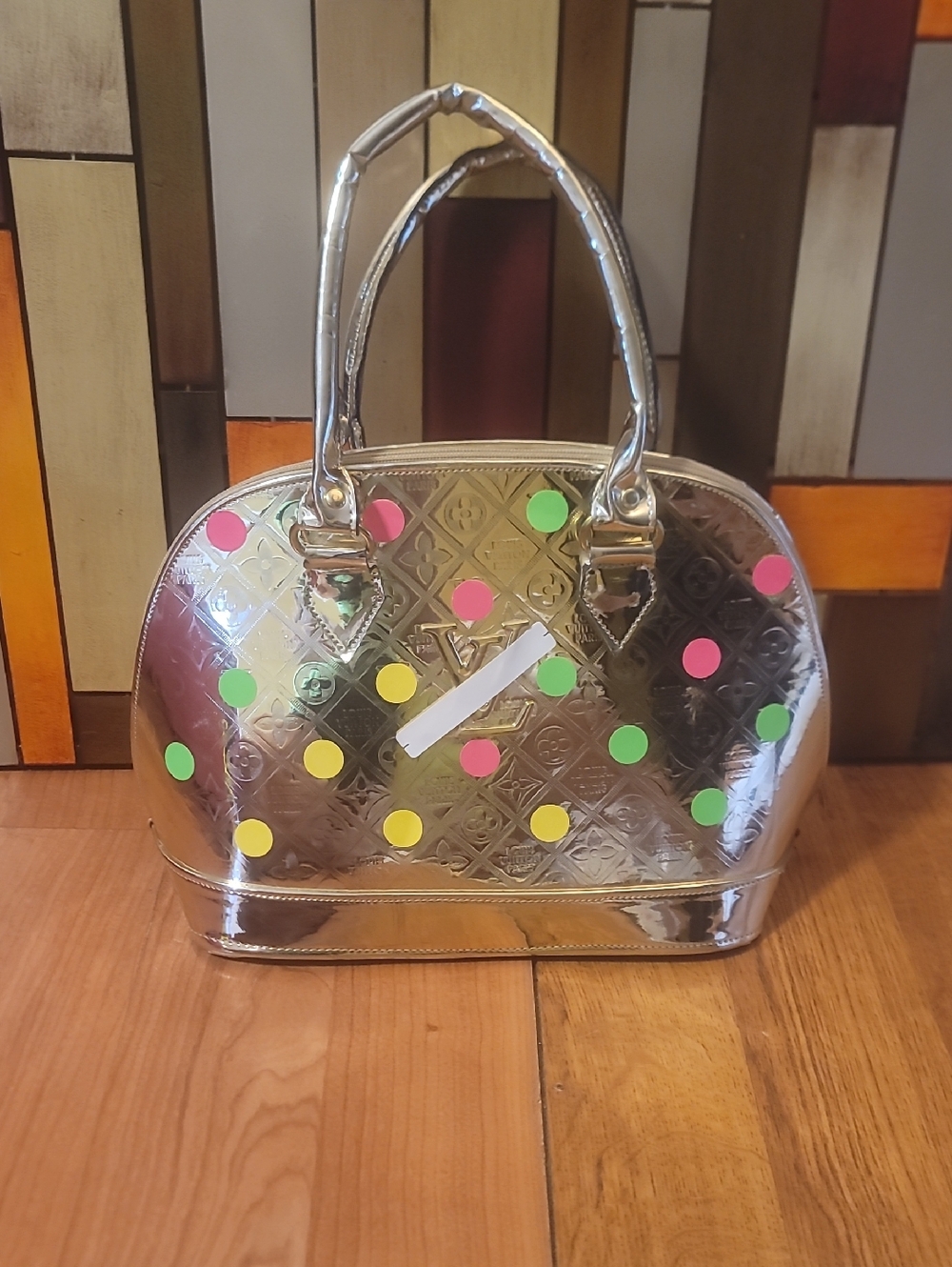 Metallic Gold Dome Satchel with Neon Polka Dots